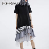 Elegant Striped Mesh Patchwork Women Dress O Neck Short Sleeve Asymmetrical Hit Color Dresses Female Fashion