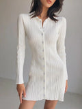 Autumn Striped Knitted Dress Women Lapel Button Sheath Warm Dress Ladies Fashion Solid Elastic Waist Sweater