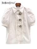 Casual Shirt For Women Lapel Puff Sleeve Patchwork Tassel Solid Button Through Blouse Female Clothes Style New