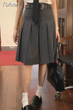 Vintage Y2k Pleated Skirt Women Preppy Style Autumn Korean Fashion High Waist Knee Length A-line Skirt 90s