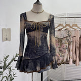 Spring And Summer New French Style Tie Dyed Horn Long-Sleeved Lace Side Design T-Shirt