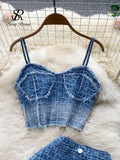Women Summer Sexy Denim Set Strapless Sling Zipper Design Tops + Short Button Mini Skirt Short Jeans Two Piece