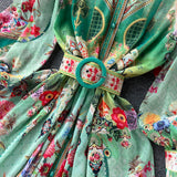 Bohemain Chiffon Maxi Dress Women Stand Collar Long Lantern Sleeve Flower Print Boho Holiday Green Split Vestidos