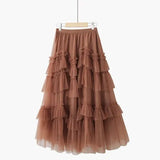 Autumn New Korean Sweet A-Line Cake Skirts Women High Waist Ruffles Mesh Skirt Vintage Kawaii Midi Faldas