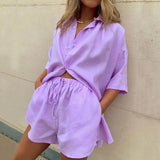 Solid Women Two Piece Set Summer Short Sleeve Shirt Top + Drawstring Shorts Homewear Suit Spring Button Sexy Lady