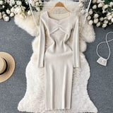 Hollow Out Sexy Knitted Dress Elegant Long Sleeve Slim Square Collar Fashion Ladies Party Bodycon Sweater Midi