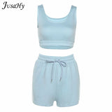 Casual Stretch Solid Two Piece Sets Women 2021 Crop Top and Drawstring Shorts Matching Set Sportswear