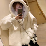 Autumn Winter Loose Hooded Plush Jacket Large Size Imitation Rabbit Fur Coat Youth Student White Zipper Plush Jacket