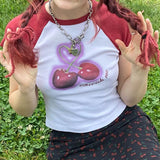 Cool Girl Cherry Print Hit Color Shoulder Insert Short-Sleeved Round-Neck T-Shirt 2024 Spring / Summer New Spice Girl Blouse-Outfit