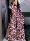 Print V-Neck Wide Leg Long Sleeve Formal