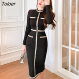 Autumn Vintage Female Knitted Stretch Midi Party Dress Ladies Elegant Streetwear Long Sleeve Bodycon Button Black