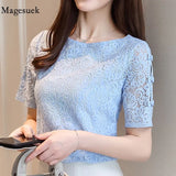 Hollow Lace Blouse Women Summer Short Sleeve O Neck Tops Lace Ladies Half Sleeve Female Shirt Blusas Femininas 0361