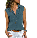Cotton Tops Blouses 2021 Autumn Sleeveless Solid V-Neck Office Blouse Female Work Women Button Up Shirt Plus Size