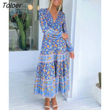Blue Floral Printed Boho Dress V-neck Long Sleeve Cotton Autumn Dress Hippie Beach Boho Maxi Dress For Women