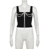 Black Coquette Aesthetic Skinny Corset Pearl Beading Leather Tank Tops Cute Lace Bow Camisole Women Y2K French Style-Outfit