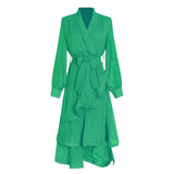 Patchwork Layered Ruffle Hem Dress For Women V Neck Long Sleeve High Waist Solid Midi Dresses Female Spring