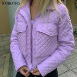 Plaid Cotton Jacket Women Pocket Coat 2021 Autumn Winter Fashion Warm Streetwear Turn-down Collar Zipper Purple