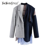 Irregular Striped Blazers For Women Notched Long Sleeve Patchwork Plaid Hit Color Coats Female 2021 Autumn