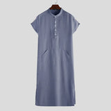 Men Islamic Arab Muslim Kaftan Stand Collar Short SLeeve Pockets Vintage Robes Middle East Solid Men Jubba Thobe S-5XL