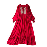 Industry Embroidery Loose Holiday Dress Women Large Size Show Lean Meat Sweet Tie With Round Lantern Sleeve