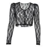 Women Lace T-shirts Fall Winter 2024 Sexy Mesh Crop Top Clothes 2000s Clothes y2k Fairy Grunge Long Sleeve Top Streetwear Club-Outfit