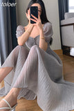 Puff Sleeve Long Dresses for Women Party Korea Fashion Slim Folds Square Collar Streetwear Bodycon Dress Elegant