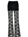 Sexy Women Summer Fashion Club Pants Black High Waist Mesh Sheer See Through Lace Floral Long Flared Pants Bottoms-Outfit