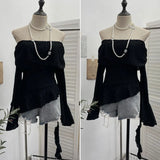 Ballet Style Shoulder Fold Texture Texture Coat Irregularly Ribbon Horn Sleeve Short Shirt
