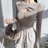 Spring Women Solid Short T-Shirts Sexy Crop Top Long Sleeve Bandage Tee Tops Female Backless Fake Two Tshirt Korean Clothes-Outfit