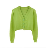 Crop Cardigan Women Korean Short Sweater Long sleeve V neck Green