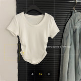 New Summer Design Feel U-Collar Short-Sleeved T-Shirt Women Fold Slim Look Thin Inside A Solid Color Short-Style Blouse-Outfit