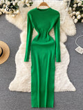 Autumn Senior Knitted Dress Women Long Sleeve Elastic Waist Split Sweater Dress Ladies Party Sexy Warm Long