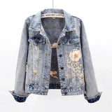 Autumn Women's Denim Jacket New Diamond Flower Long Sleeve Jeans Jackets Girl Short Outwear Vintage Cowboy Tops