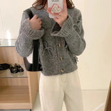 Spring And Autumn New Korean Solid Color Round Neck Bowknot Sweater Women's Fashion Soft Glutinous Warm Style Knitted Cardigan-Outfit