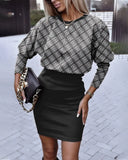 Independent Station Autumn New Fashion Printed Waist Round Collar Long-Sleeved Dress-Outfit