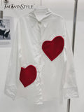Patchwork Heart Shirt For Women Lapel Long Sleeve Loose Colorblock Button Through Blouse Female Clothing Style
