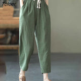 2023 Summer Casual Cotton Linen Pants Women Retro Pockets Loose Harem Pants Woman Solid Elastic Waist Trousers