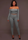 Ribbed Basic Off Shoulder Crop Top and Pants 2pc
