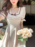 Elegant Vintage Mini Dress Women 2022 Summer Short Sleeve Kawaii Clothing Lolita Party Dress Bow One Piece Dress
