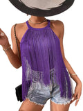 Women's Hot-Selling Solid Color Sleeveless Neck Top Ladies' Fashionable Tassel Beach Swimsuit-Outfit