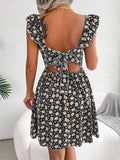 Print Square Neck Ruffle Shoulder