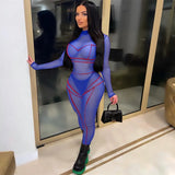 Summer Sexy Black Patchwork Bodycon Jumpsuit Women Long Sleeve Mesh One Piece Outfits Rompers See Though Jumpsuits