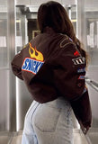 Street Printed Brown Oversize Long Sleeve Loose Bomber