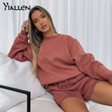Yiallen Autumn Cotton Solid Two Piece Set Women Early Casual O-Neck Sweater+Drawstring Sporty Shorts Classic Matching