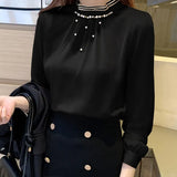 Long Sleeve Blouse Women Blusas Mujer De Moda 2021 Beading Stand Collar Chiffon Blouse Shirt Women Tops Blusas