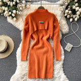 Winter Solid Sexy Sweater Sets Short Half High Collar Knitwear+V Neck Camis Dress Women Warm Knitted Two Pieces