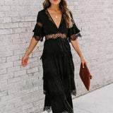 2022 Summer Women Maxi Cake Dress Short Sleeve Vintage Sexy White Lace Vocation Tunic Long Beach