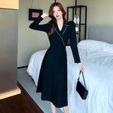 Elegant Notched Collar Sweater Suit Dress Long Sleeve Slim Waist Female A-Line Knitting Dress 2021 OL