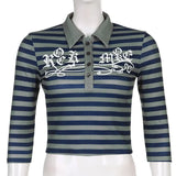 Goth Print Tops Stripe Cute Y2K T-Shirts Dark Academia Techwear Button Up V Neck Half Sleeve Sweat Shirts Grunge