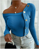 Stripe Women Sweater Sexy Slim Fit Stitching Button Long Sleeve Pullover Multicolor Crew Neck Knitwear Plus Size